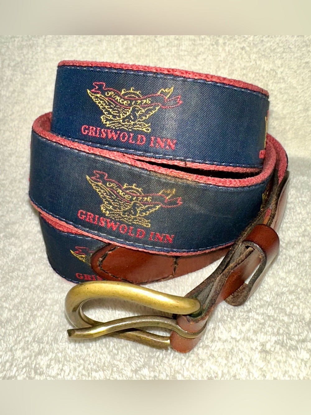 Vintage Griswold Inn Ribbon Leather Belt Solid Brass Buckle USA Sz 42